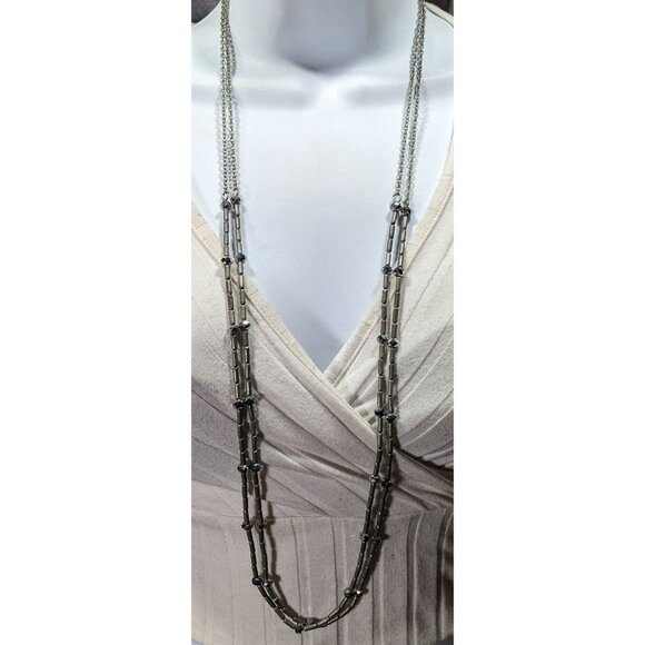 Elegant Glam Multilayer Metal And Glass Silver Tone Beaded Necklace - Picture 3 of 8